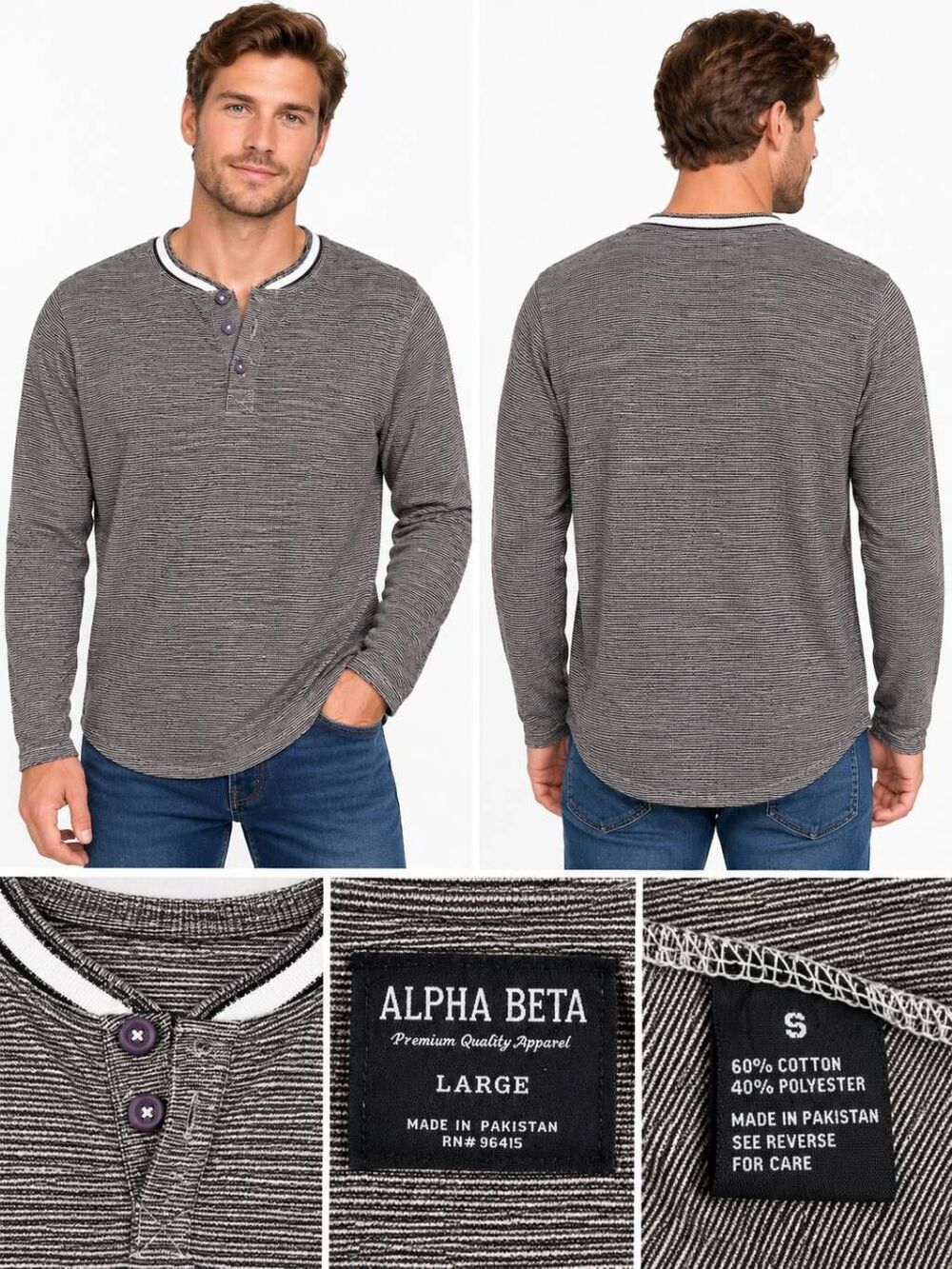 Alpha Beta Men’s L Gray Long Sleeve Henley Casual Striped Shirt
